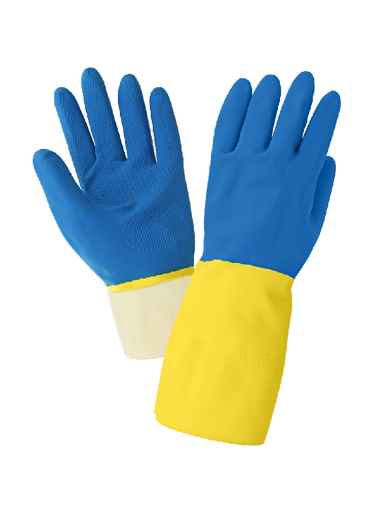 244 Unsupported gloves, blue neoprene over yellow natural rubber, 28-mil thickness