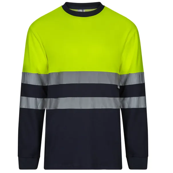 [305615.61/20.02] 305615 HV Long Sleeve Two-Tone Cotton T-Shirt (SM, Navy/HV Yellow)