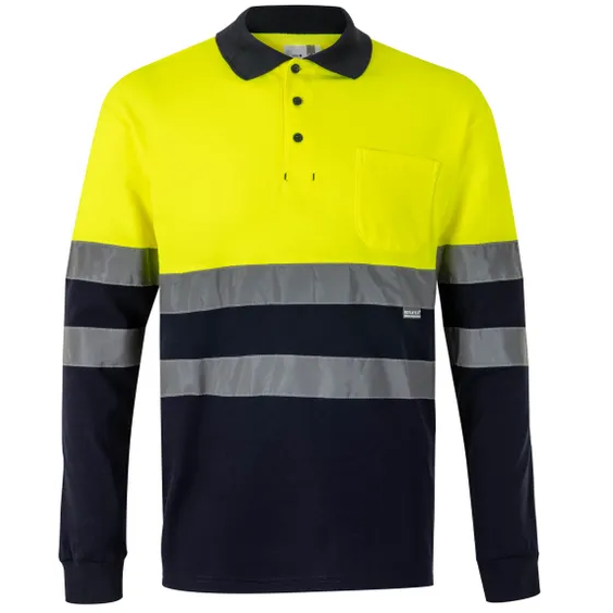 [305515.61/20.02] 305515 High Visibility LS Two-Tone Cotton Polo (SM, Navy/HV Yellow)